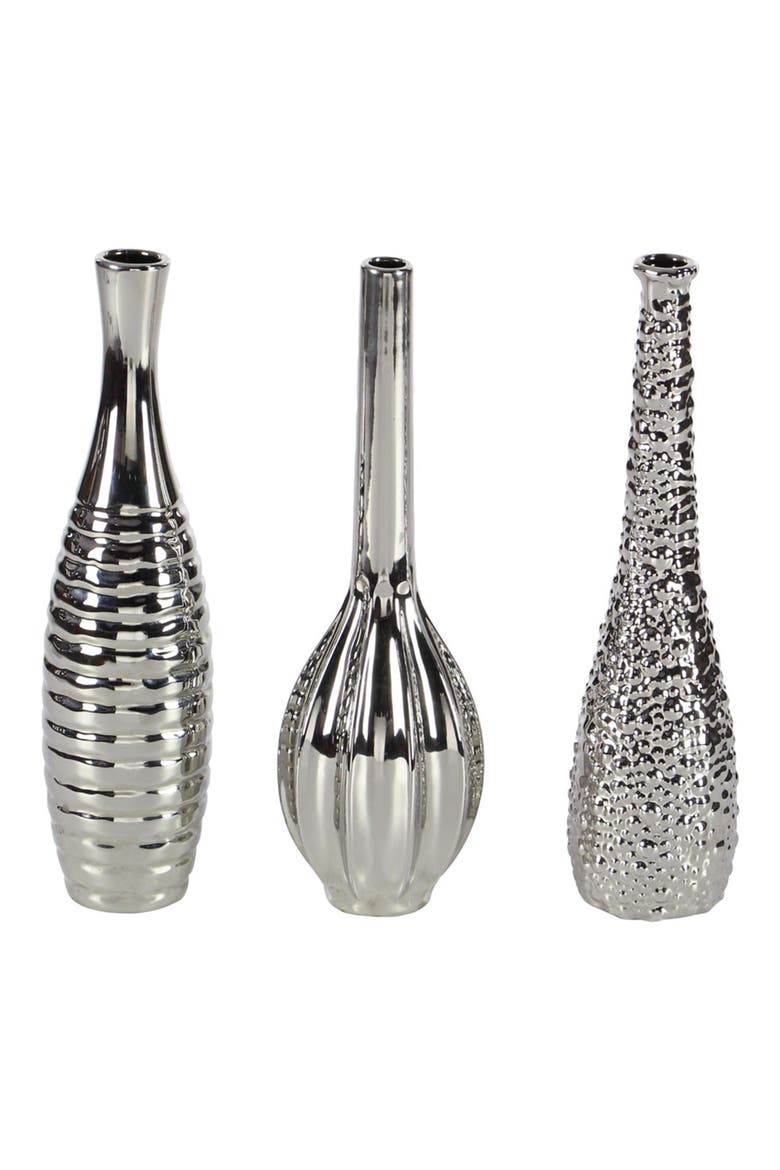 Silvertone Ceramic Glam Vase with Varying Patterns - Set of 3, Main, color, SILVER