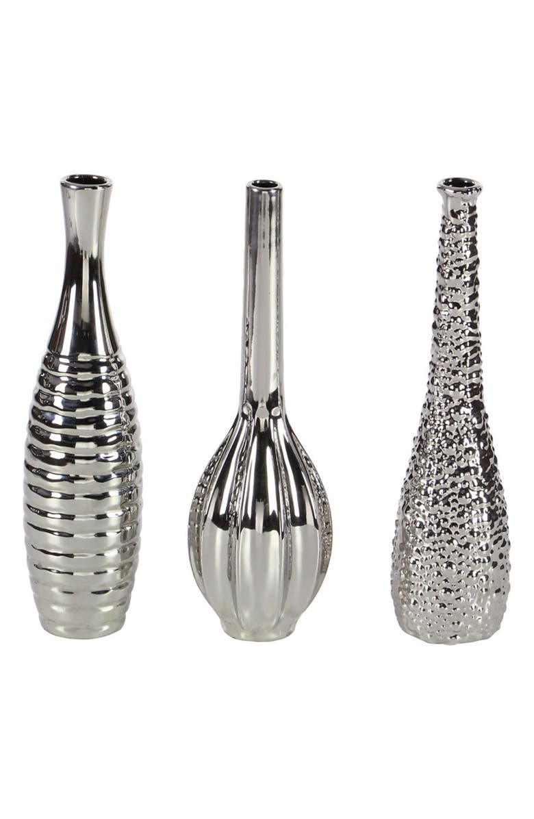 WILLOW ROW Silvertone Ceramic Glam Vase with Varying Patterns - Set of 3, Main, color, Silver