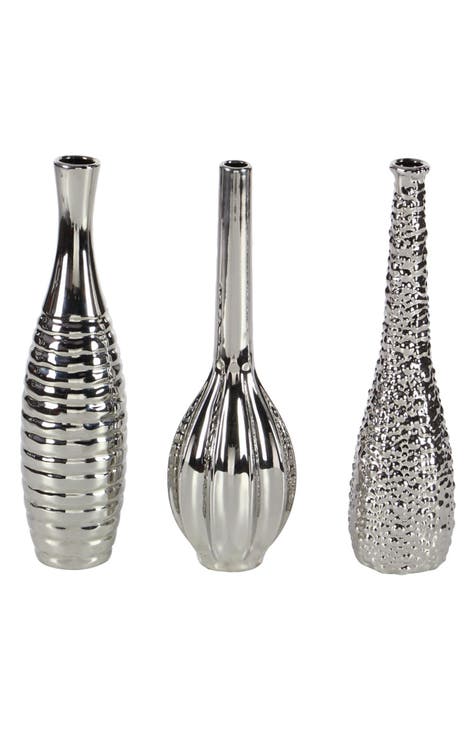 Silvertone Ceramic Glam Vase with Varying Patterns - Set of 3