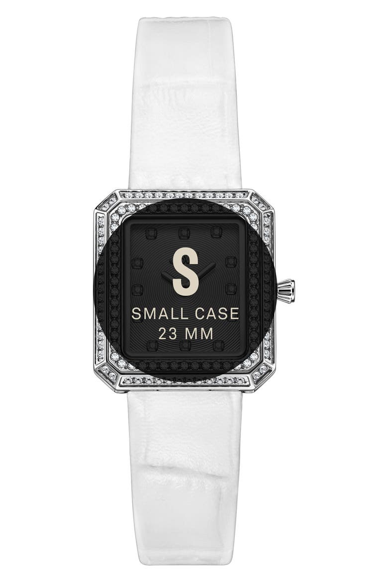 Arc Diamond Leather Strap Watch, 23mm, Alternate, color, WHITE