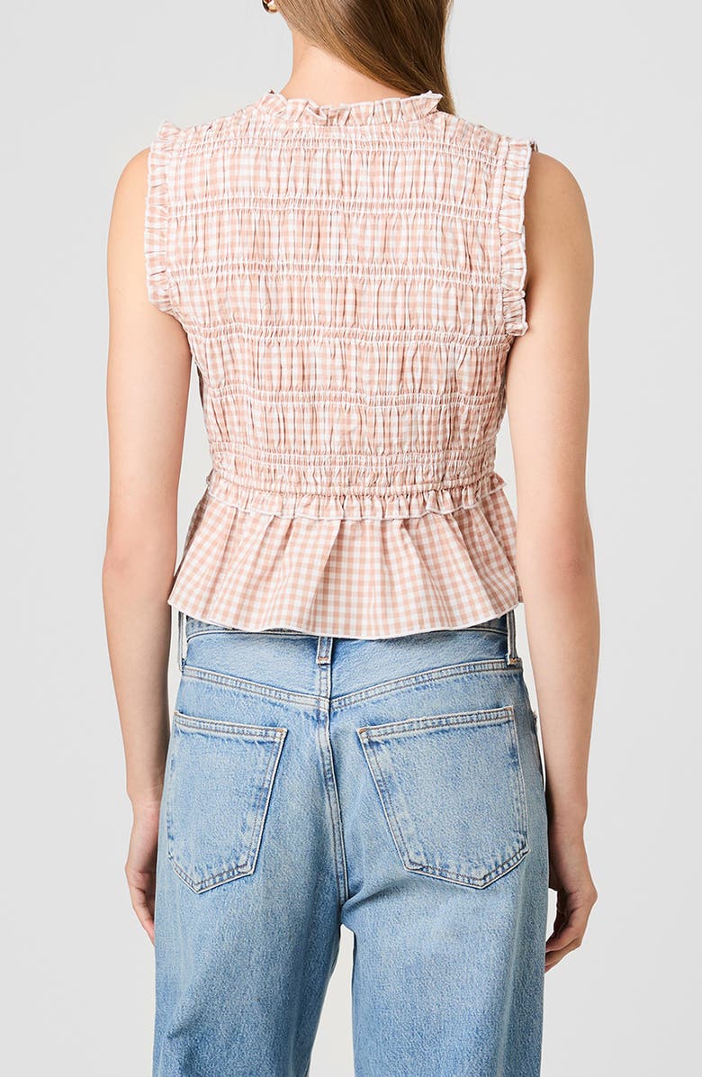 French Connection Rhodes Ruffle Smocked Peplum Cotton Poplin Top, Alternate, color, Petite Gingham Almond