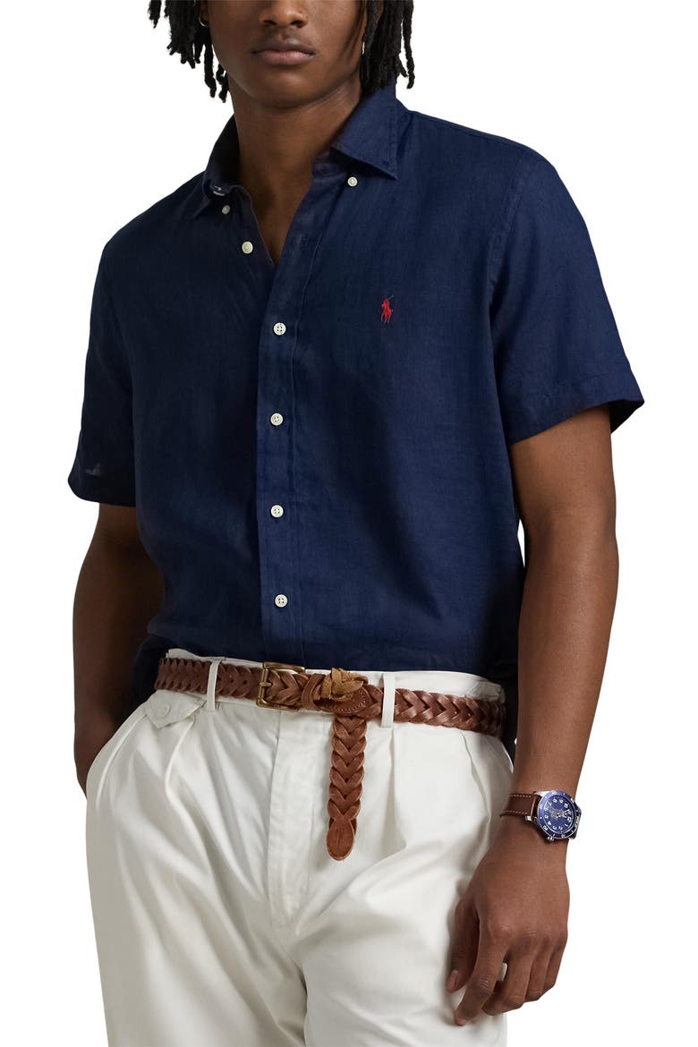 Piece Dye Linen Short Sleeve Button-Down Shirt, Main, color, NEWPORT NAVY
