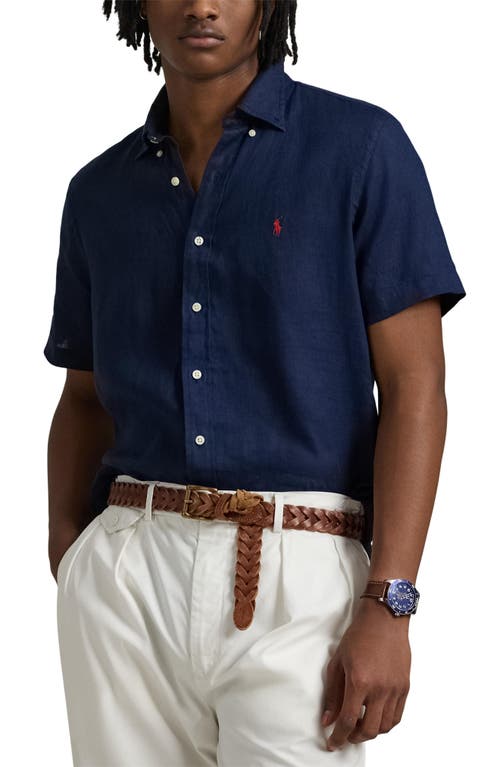 Polo Ralph Lauren Piece Dye Linen Short Sleeve Button-down Shirt In Blue