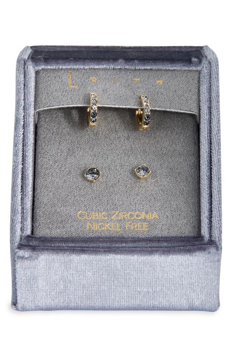 Set of 2 Cubic Zirconia Stud & Huggie Hoop Earrings