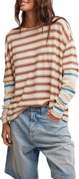 Free People Nina Stripe Layered Long Sleeve Cotton T-Shirt