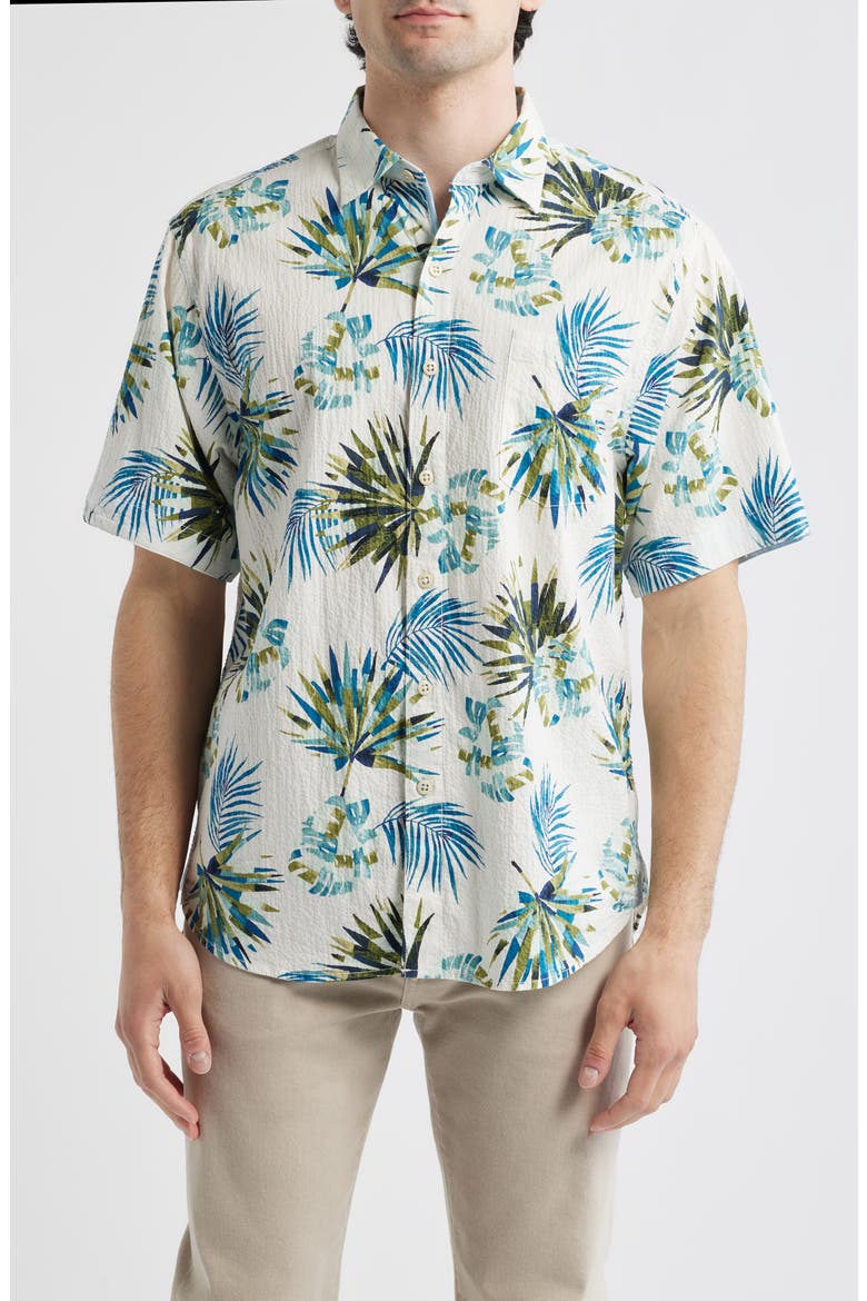 Nova Wave Frond Mosaic Short Sleeve Seersucker Button-Up Shirt, Main, color, WHITE