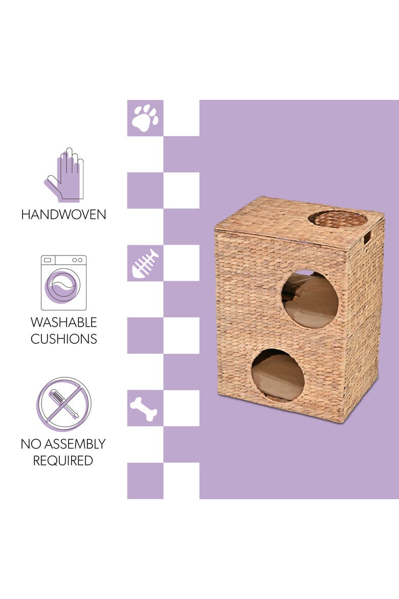 Jaxon 18" 2-Tier Handwoven Hyacinth Rectangular 5-Hole Cat Condo, 2 Machine-Washable Cushions, Alternate, color, Natural