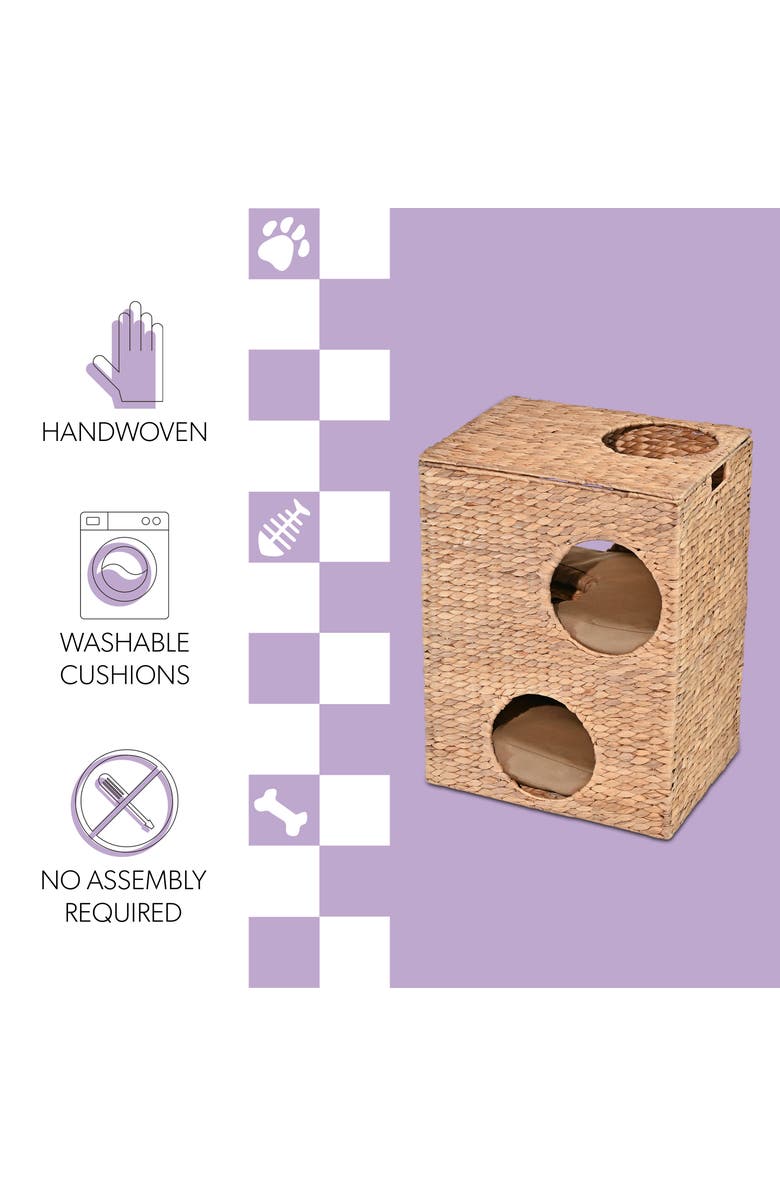 The Licker Store Jaxon 18" 2-Tier Handwoven Hyacinth Rectangular 5-Hole Cat Condo, 2 Machine-Washable Cushions, Alternate, color, Natural