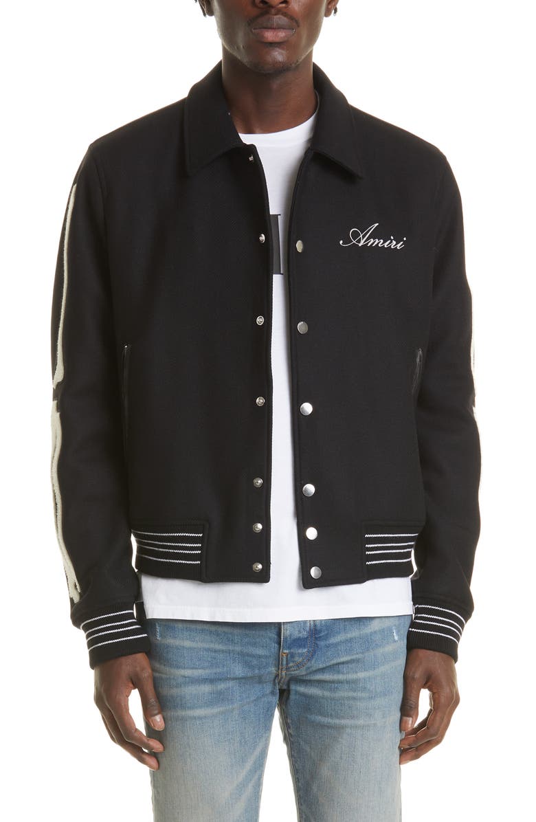 AMIRI Bones Wool Varsity Jacket, Main, color, Black