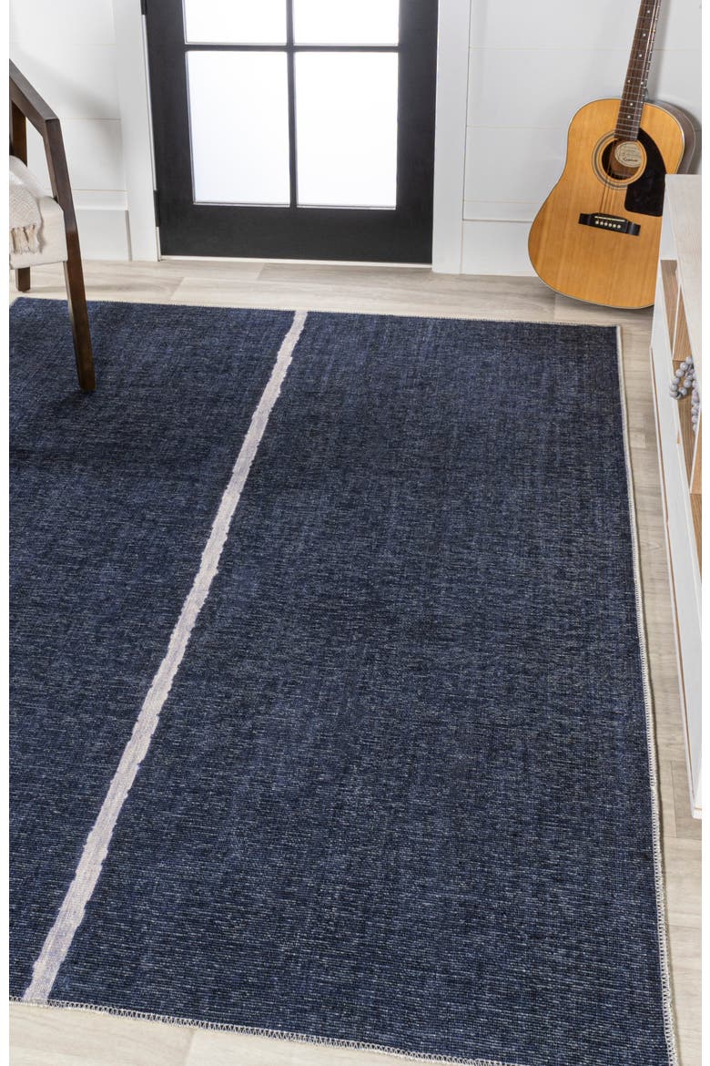 Linja Solid Centre Stripe Machine-Washable Area Rug, Alternate, color, Navy/Gray