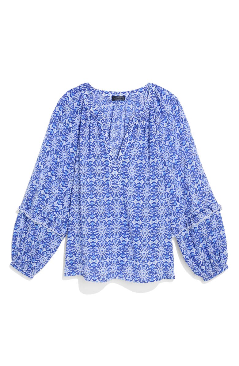 vineyard vines Izzy Tile Print Cotton Blend Popover Top, Alternate, color, Caribbean Tile Blue