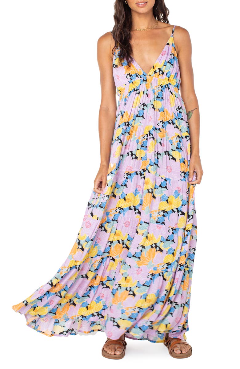 Roxy Honolulu Glow Floral Tiered Maxi Dress, Main, color, Anthracite/Lilac