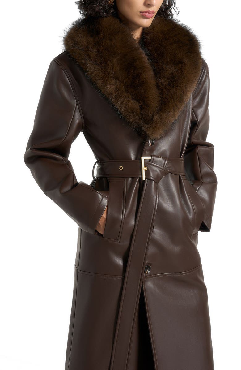 Manière De Voir Cenya Fur Collar Belted Leather Coat, Alternate, color, Brown