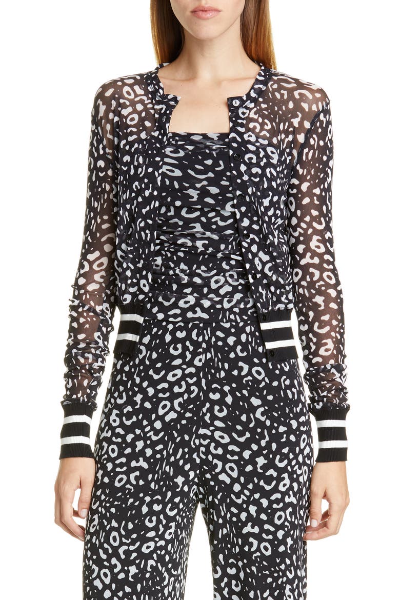 Graphic Leopard Print Tulle Bomber Jacket, Main, color, NERO