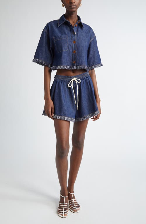 Shop Zimmermann Rhiannon Fringe Trim Crop Denim Shirt In Atlantic
