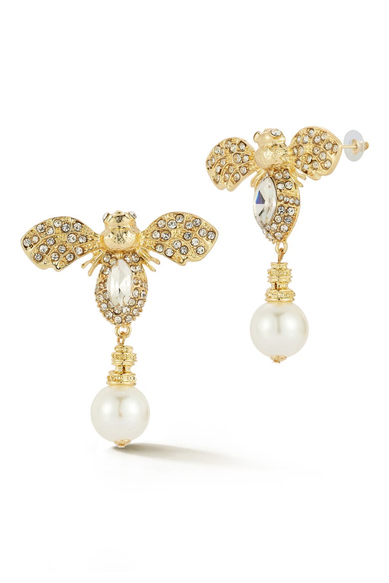 Faux Pearl Bee Drop Earrings, Main, color, WHITE/ GOLD