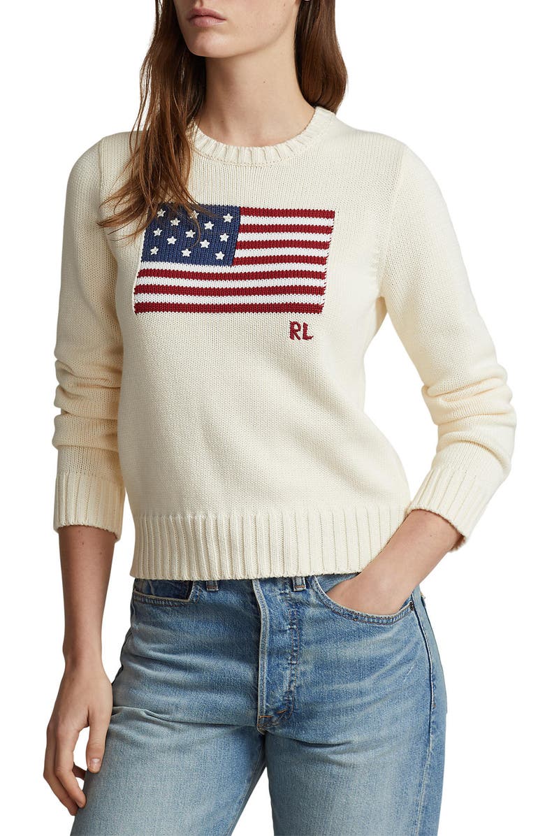 Polo Ralph Lauren Flag Crewneck Sweater, Main, color, Cream