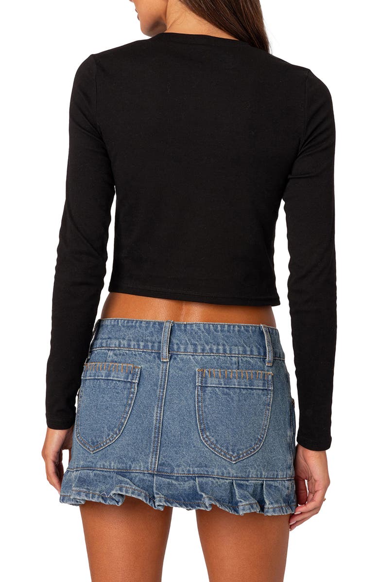 EDIKTED Champagne Problems Long Sleeve Crop Top, Alternate, color, Black