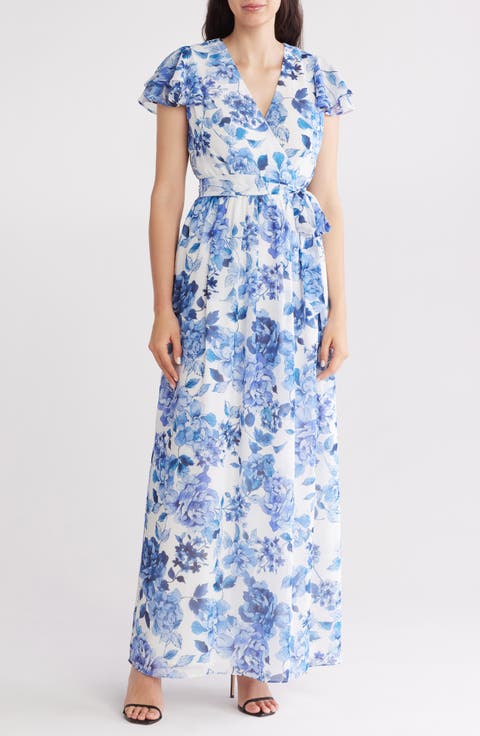 Floral Flutter Sleeve Faux Wrap Maxi Dress
