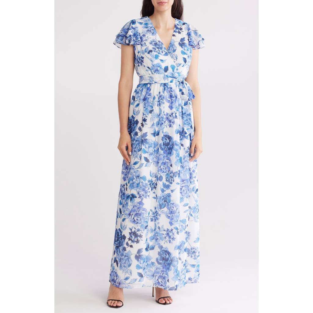 ELIZA J ELIZA J FLORAL FLUTTER SLEEVE FAUX WRAP MAXI DRESS