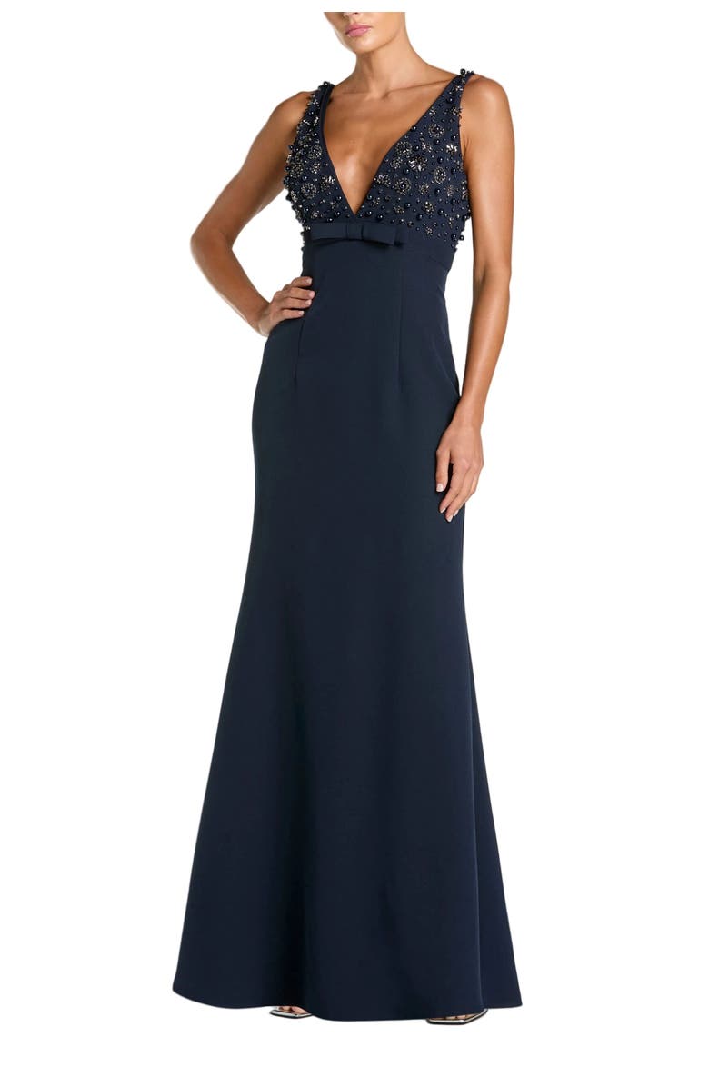 Mac Duggal Crepe Sleeveless Beaded V Neck Gown With Bow, Main, color, Midnight