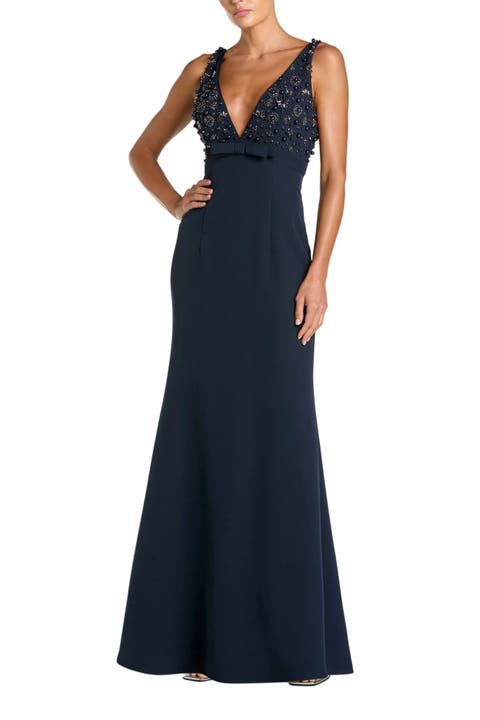 Crepe Sleeveless Beaded V Neck Gown With Bow