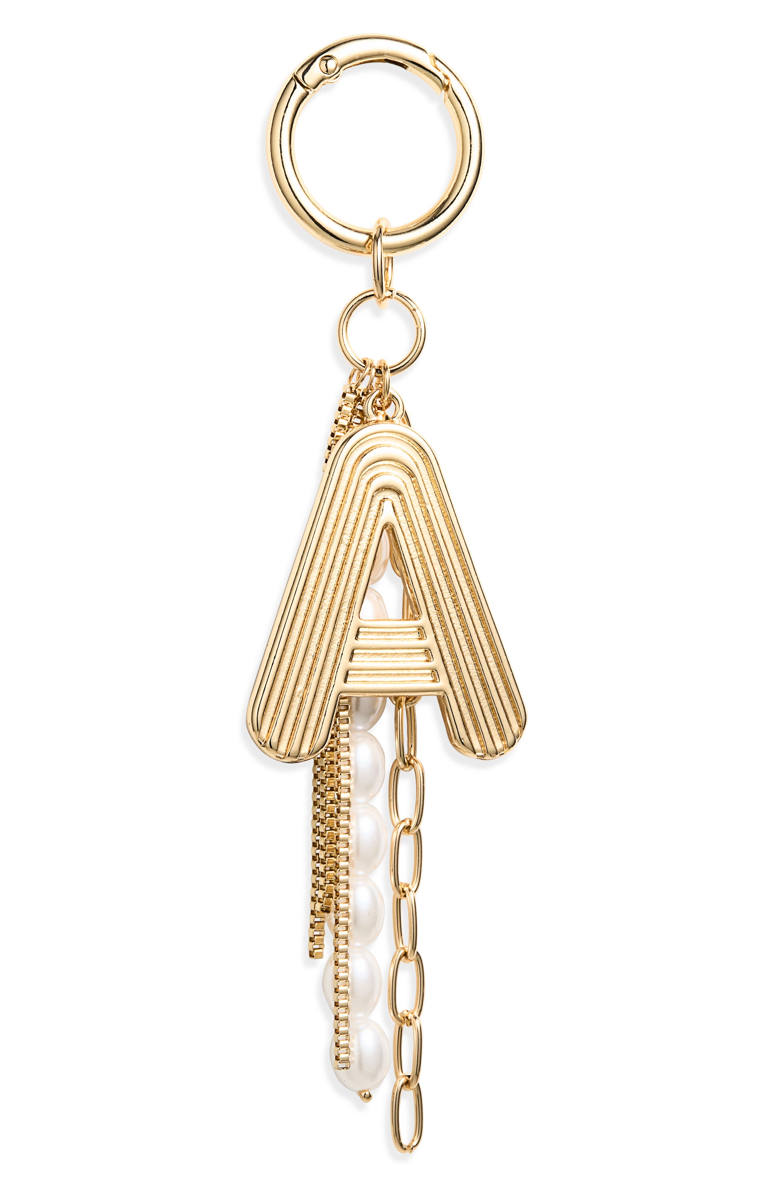 Chelsea28 Initial Faux Pearl Bag Charm, Main, color, A- White- Gold