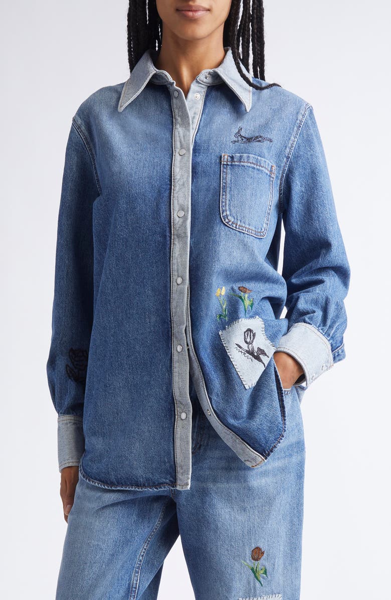 Marni Embroidered Denim Pearl Snap Shirt, Main, color, 00B52 Azure