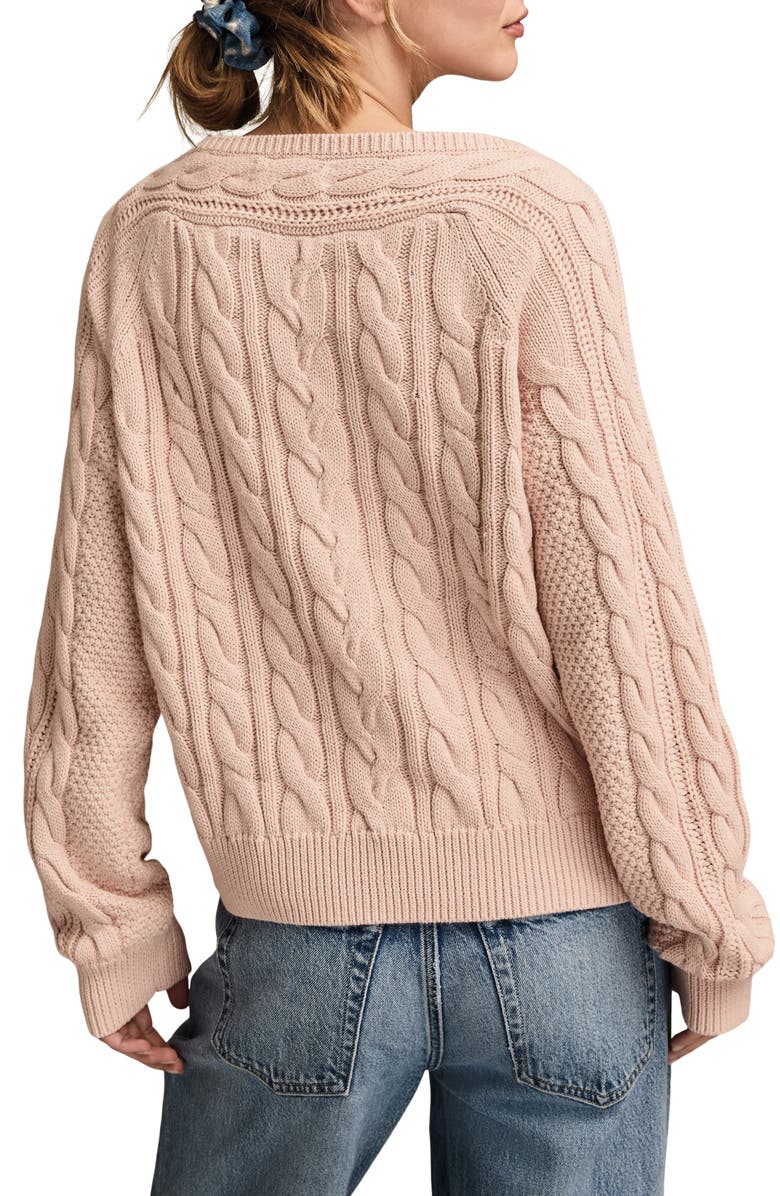 Lucky Brand Cable Stitch Boat Neck Cotton Sweater, Alternate, color, Rose Smoke