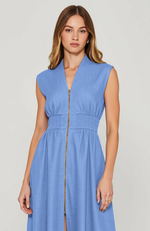 Modenaire Zip Front Midi Dress With Cap Sleeves And Smocked Waist In Blue
