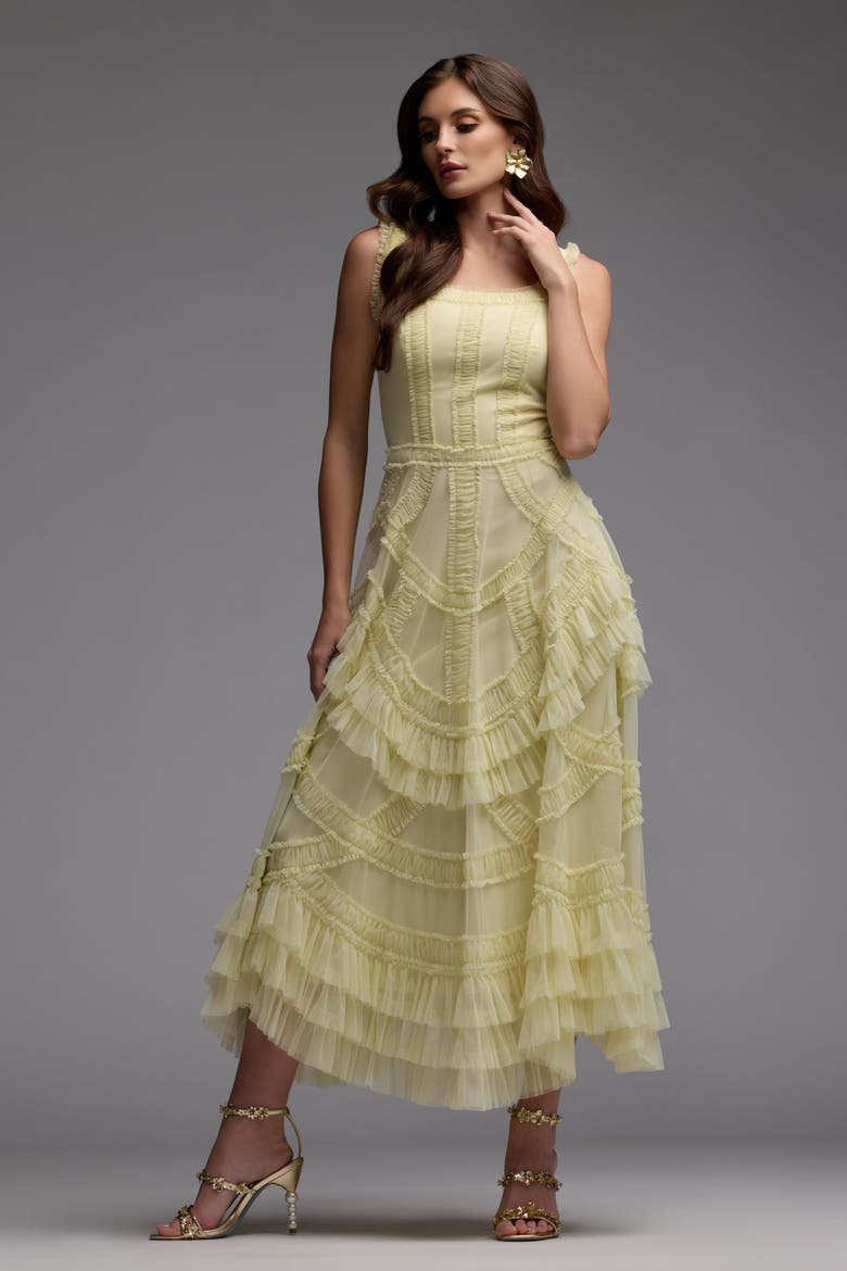 Scoop Neck Sleeveless Mesh Micro Ruffle Midi Dress, Alternate, color, Buttercup