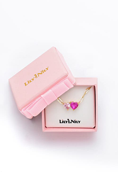 Lily Nily Kids' Double Hearts Cubic Zirconia Necklace In Open Pink