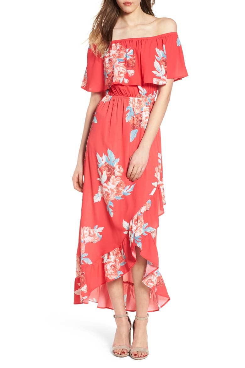 Off the Shoulder Maxi Dress, Main, color, RED FLORAL