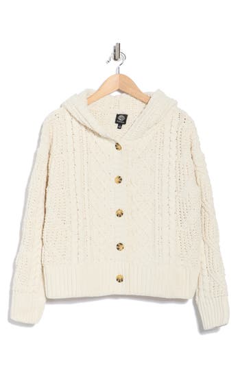 Bobeau Cable Knit Hooded Cardigan In White