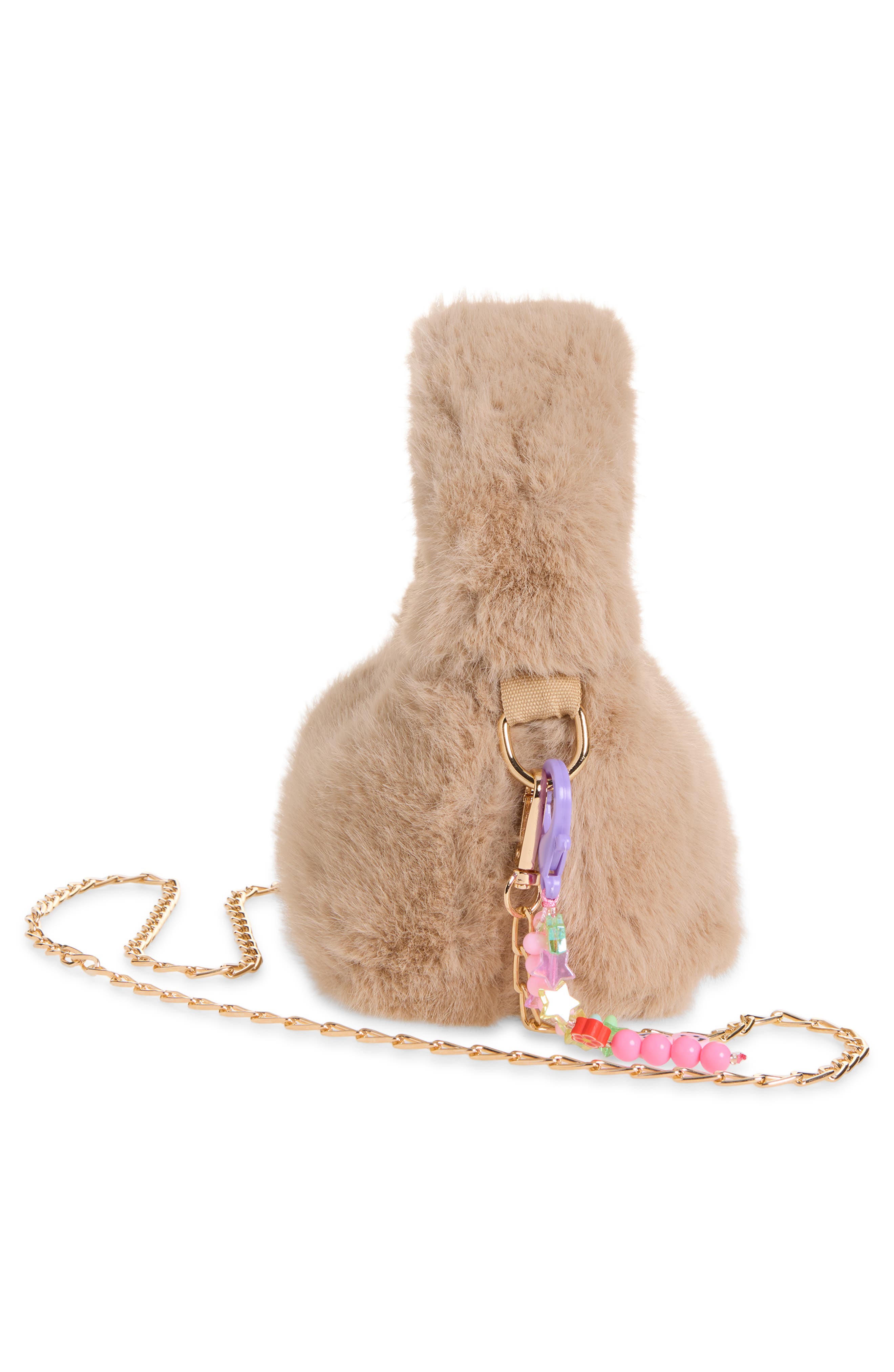 Kids' Faux Fur Plush Bag with Charm, Alternate, color, OATMEAL