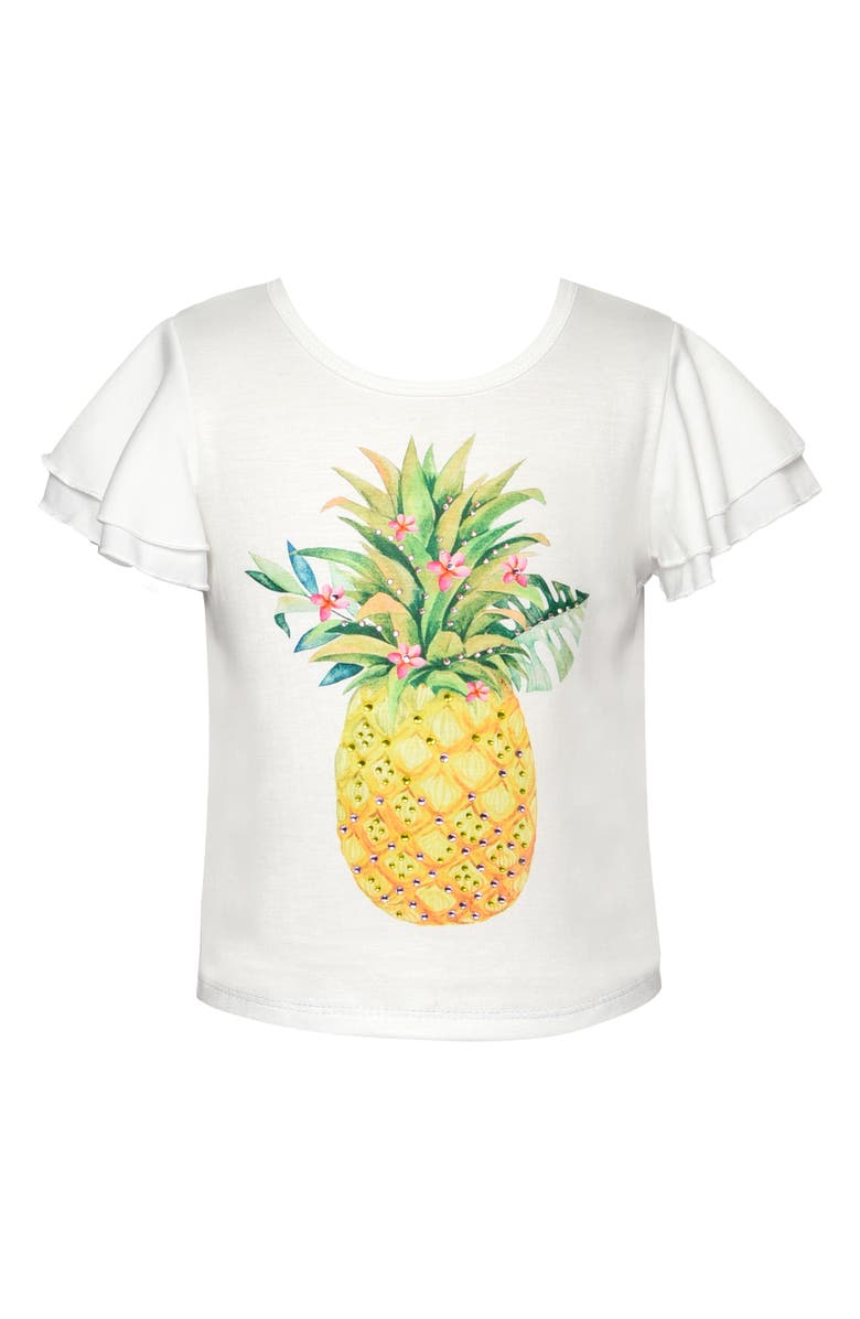 Truly Me Kids' Pineapple Embellished Flutter Sleeve T-Shirt, Main, color, White