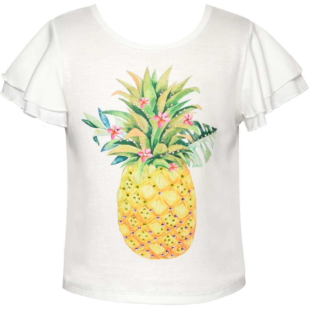 Truly Me Kids' Pineapple Embellished Flutter Sleeve T-shirt In White