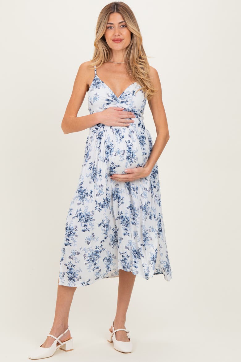 Blue Floral Twisted Front Midi Dress, Main, color, White