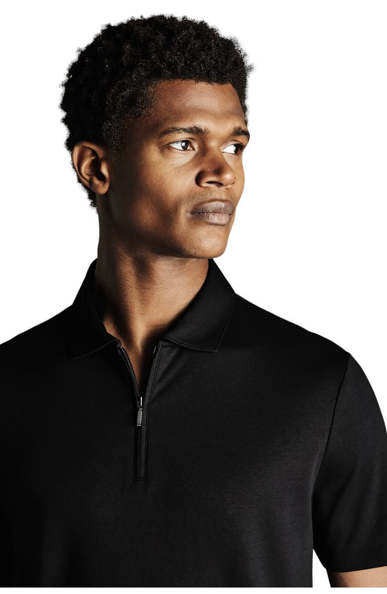 Charles Tyrwhitt Plain Short Sleeve Zip Jersey Polo, Alternate, color, Black