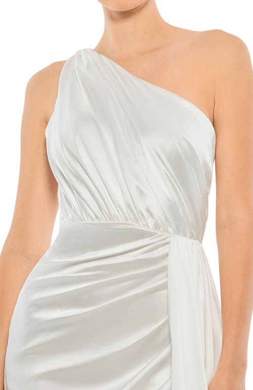 Mac Duggal Gathered One Shoulder Satin Faux Wrap Gown In White