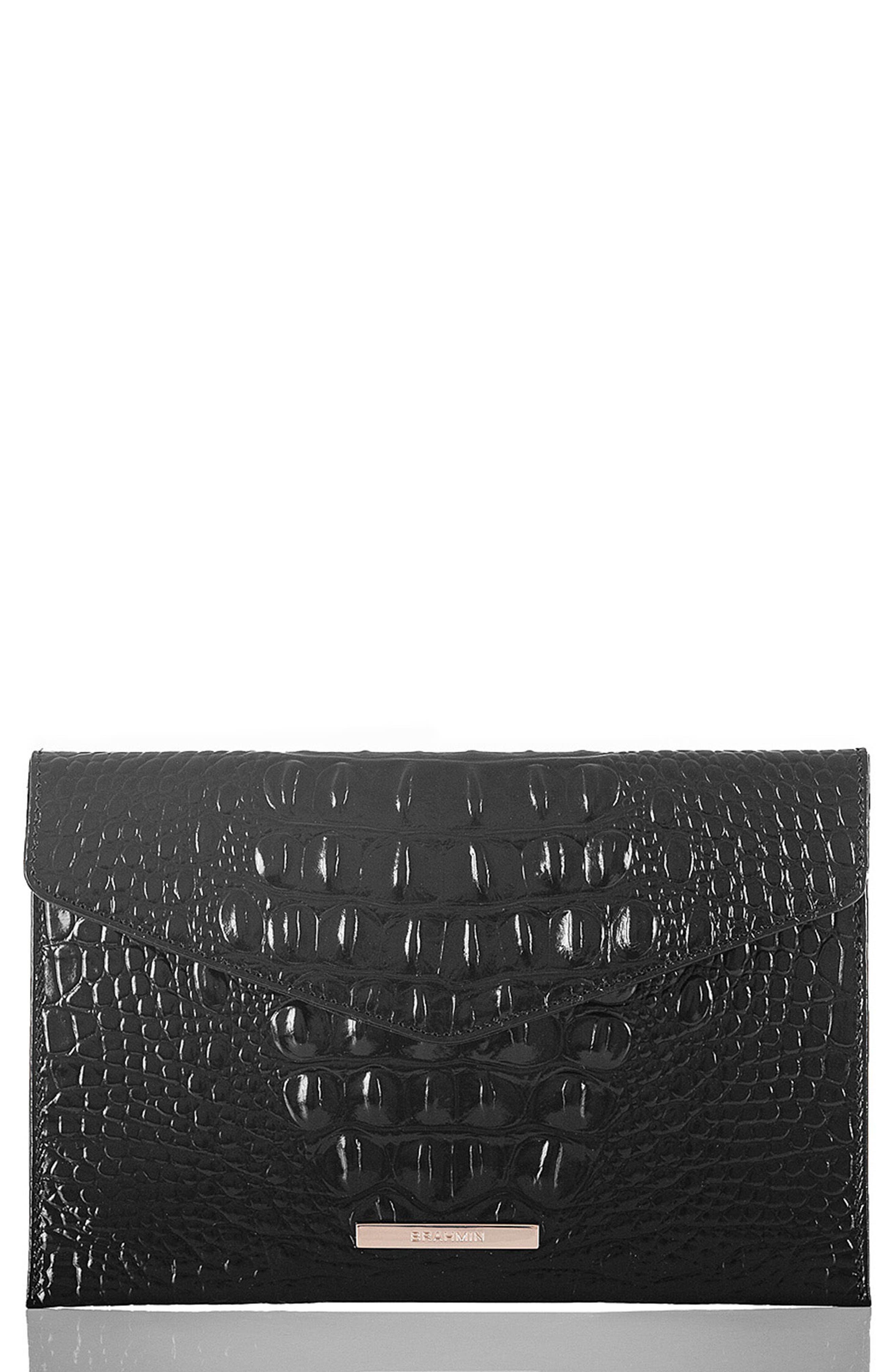 Melbourne Croc Embossed Leather Envelope Clutch, Main, color, BLACK
