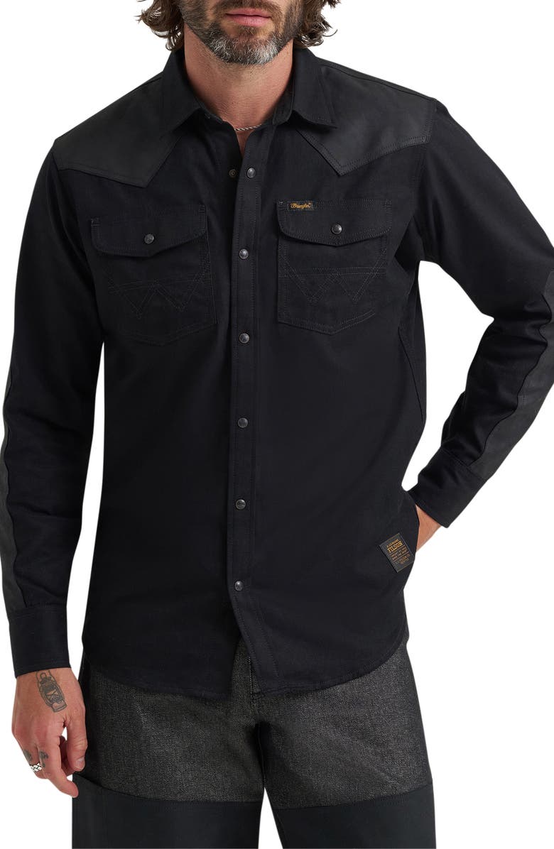 Wrangler Filson x Wrangler Two-Tone Denim Western Snap-Up Shirt, Main, color, Black