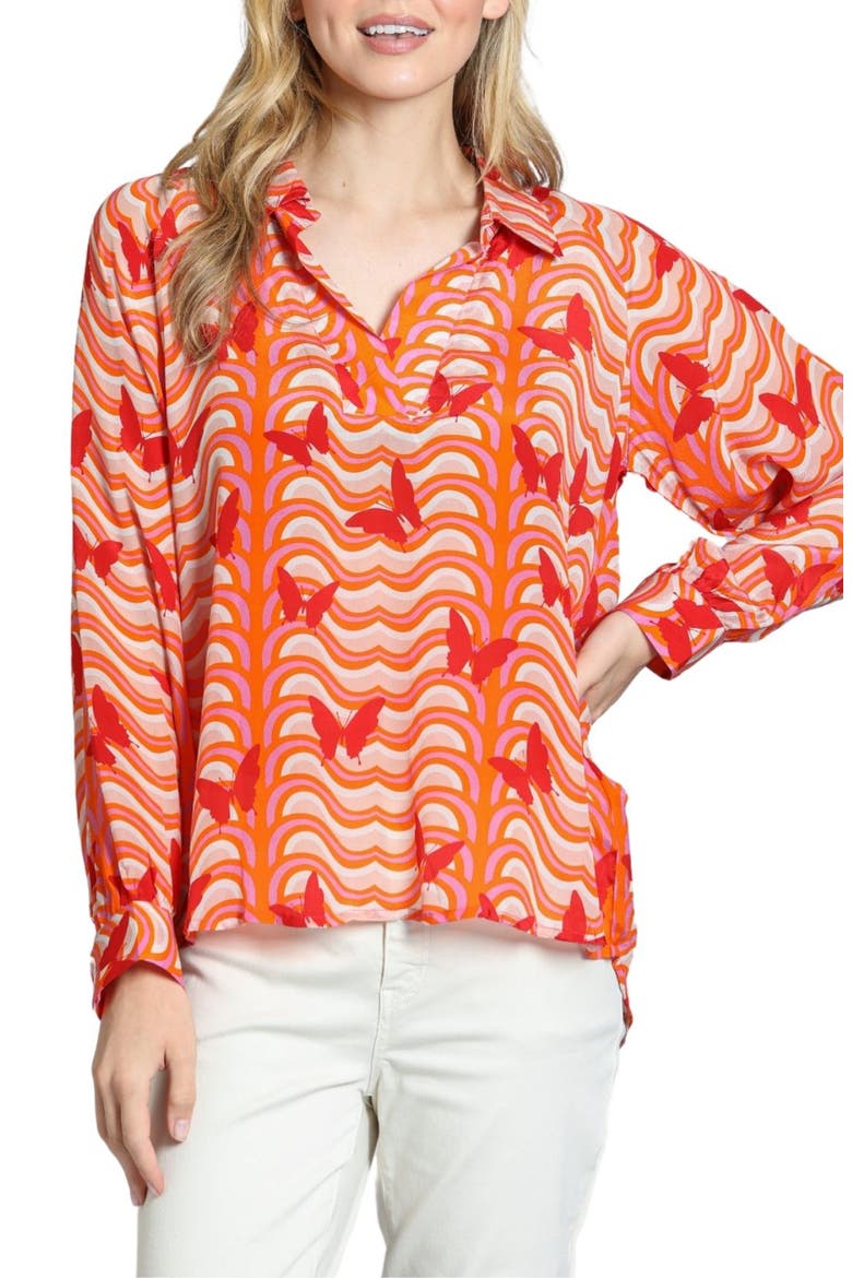 Butterfly Print Johnny Collar Top, Main, color, BRIGHT ORANGE MULTI
