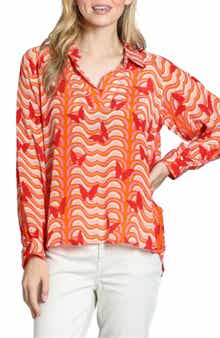 Butterfly Print Johnny Collar Top
