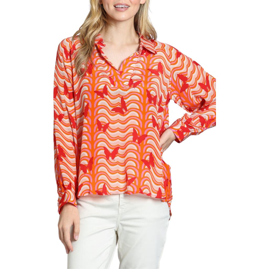 Apny Butterfly Print Johnny Collar Top In Orange