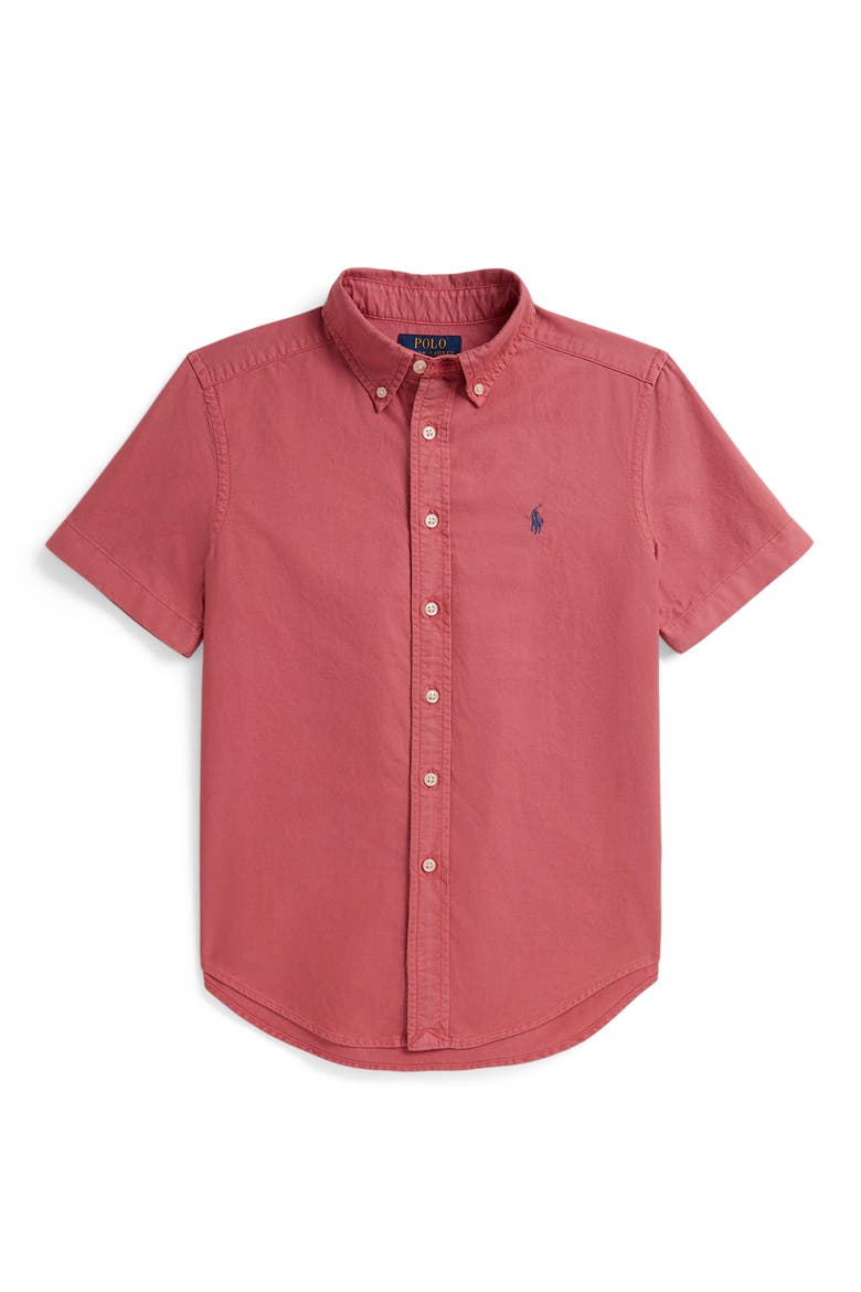 Kids' Short Sleeve Cotton Oxford Button-Down Shirt, Main, color, ADIRONDACK BERRY