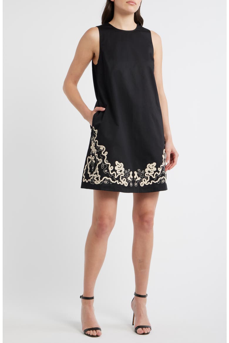 Sleeveless Embroidered Hem Cotton Dress, Main, color, BLACK