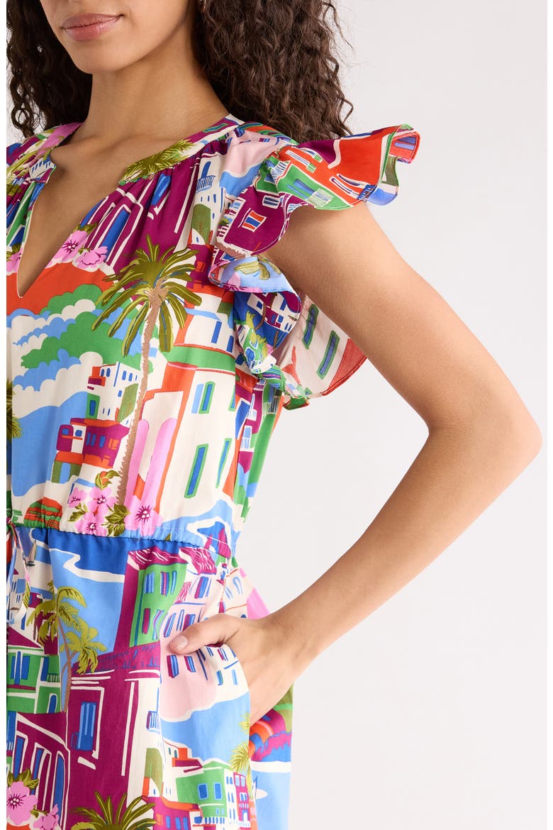 Rumi Town Tiarna Print Flutter Sleeve Tie Waist Midi Dress, Alternate, color, CREAM-BLUE-MULTI