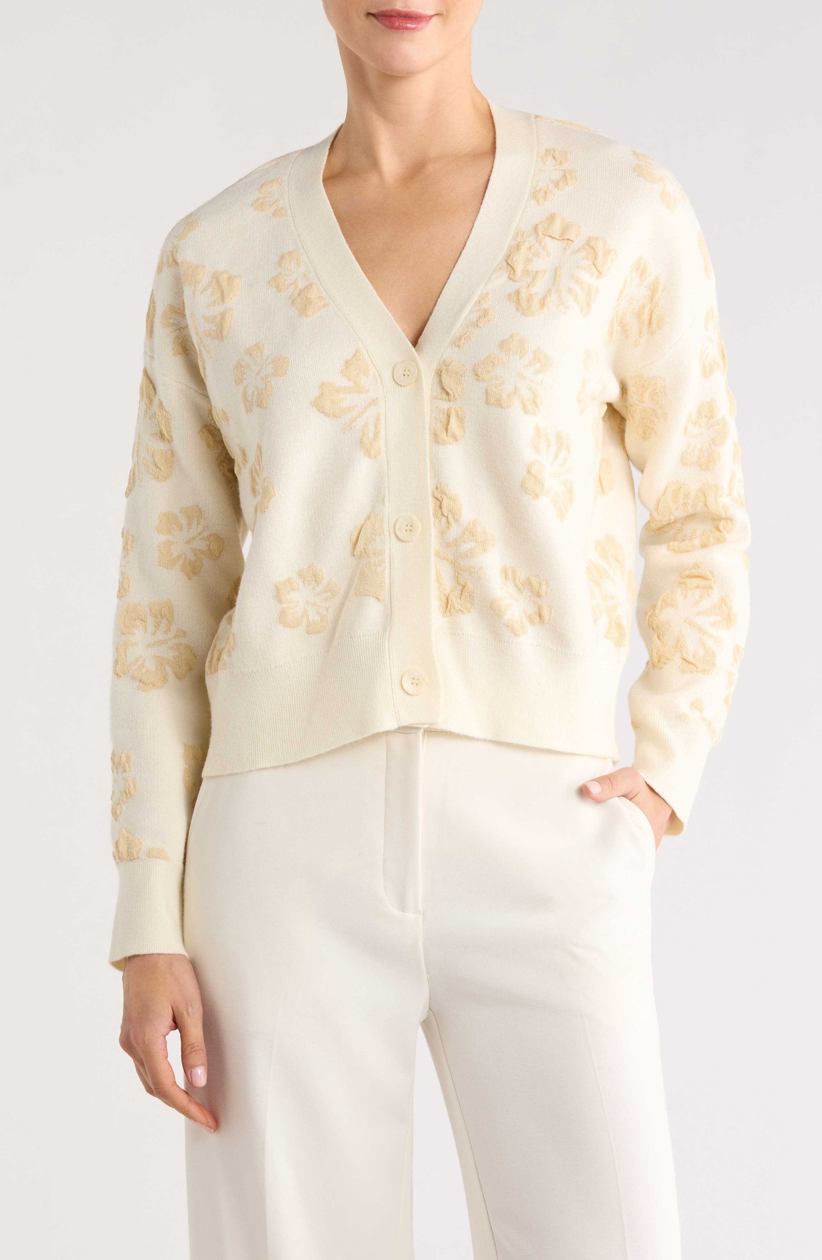 CYRUS Textured Floral V-Neck Cardigan
