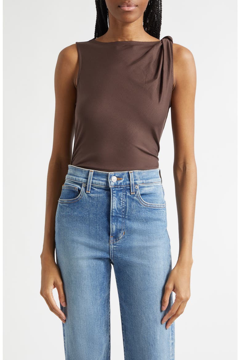Otessa Twist Shoulder Ruched Top, Main, color, DARK MOCHA
